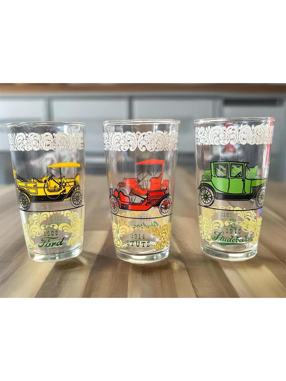 Set of 3 Vintage 1910s Classic Car Glasses - Ford, Stutz, Studebaker